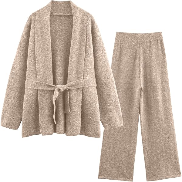 HGps8w Women's 2 Piece Outfits Belted Sweater Sets Open Front Long